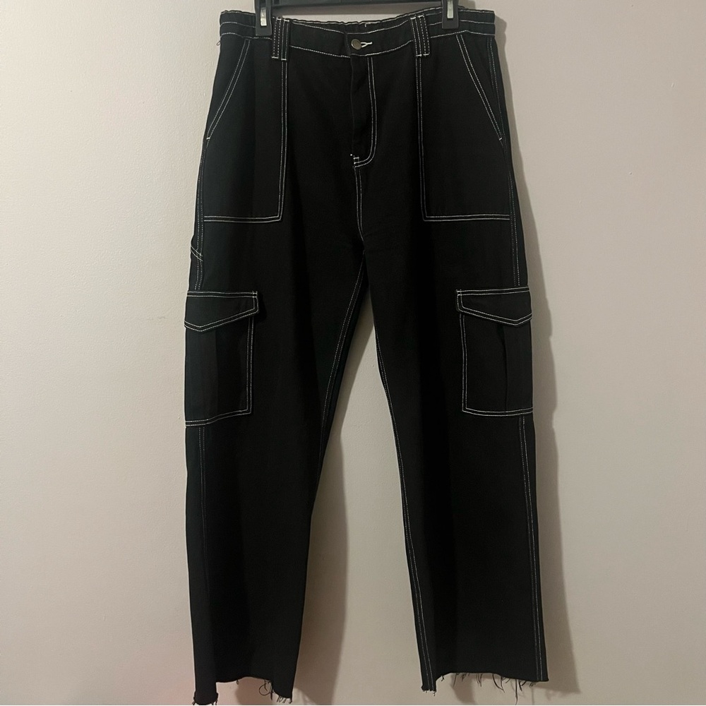 Fashionnova Women’s Black Cargo Utility Pants With White Stitches Size 15